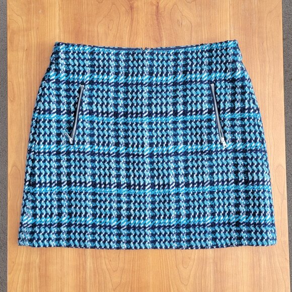LOFT Teal Navy White Boucle A-line Mini Skirt Silver Tone Zipper Pockets - 12 - Picture 7 of 13